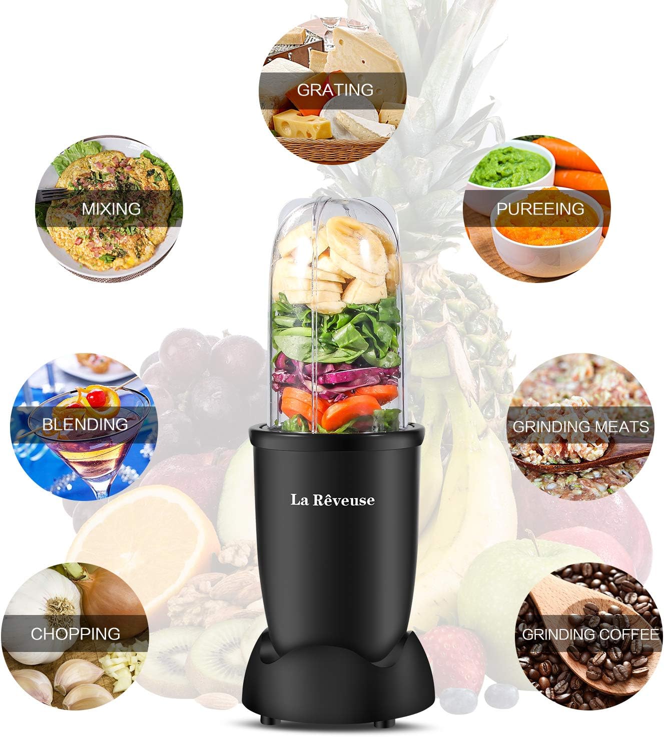 La Reveuse Personal Size Blender 250 Watts Power for Shakes Smoothies Seasonings Sauces with 2 Pieces 16 oz Mug -Black: Kitchen & Dining