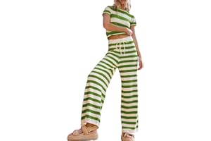 TAQCUX Two Piece Striped Knit Sets for Women Short Sleeve Crop Top and Wide Leg Pants Lounge Sets