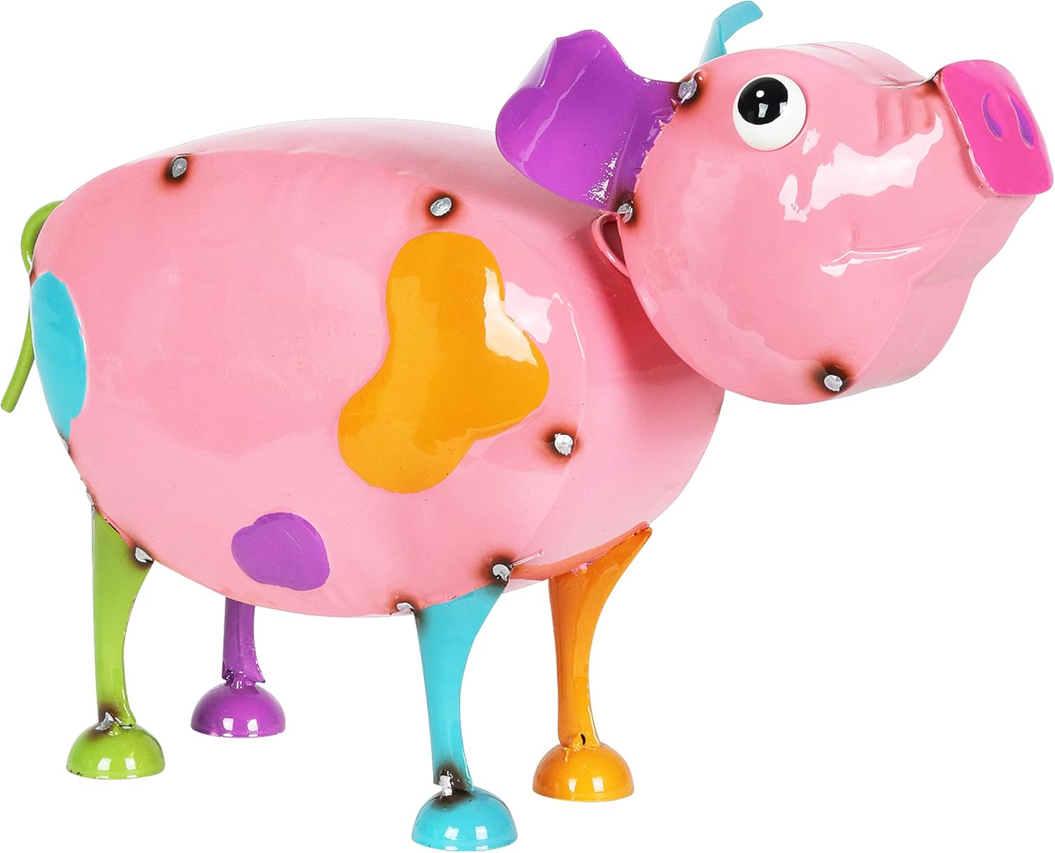 Exhart Pink Metal Pig Statue – Cute, Hand-Painted Pig Sculpture w/Spring Bobblehead – Durable, Weather Resistant Metal Pig Garden Statue - Pig Yard Decoration for Home & Garden, 15.5” L x 6” W x 9” H