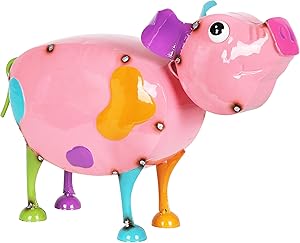 Exhart Pink Metal Pig Statue – Cute, Hand-Painted Pig Sculpture w/Spring Bobblehead – Durable, Weather Resistant Metal Pig Garden Statue - Pig Yard Decoration for Home & Garden, 15.5” L x 6” W x 9” H