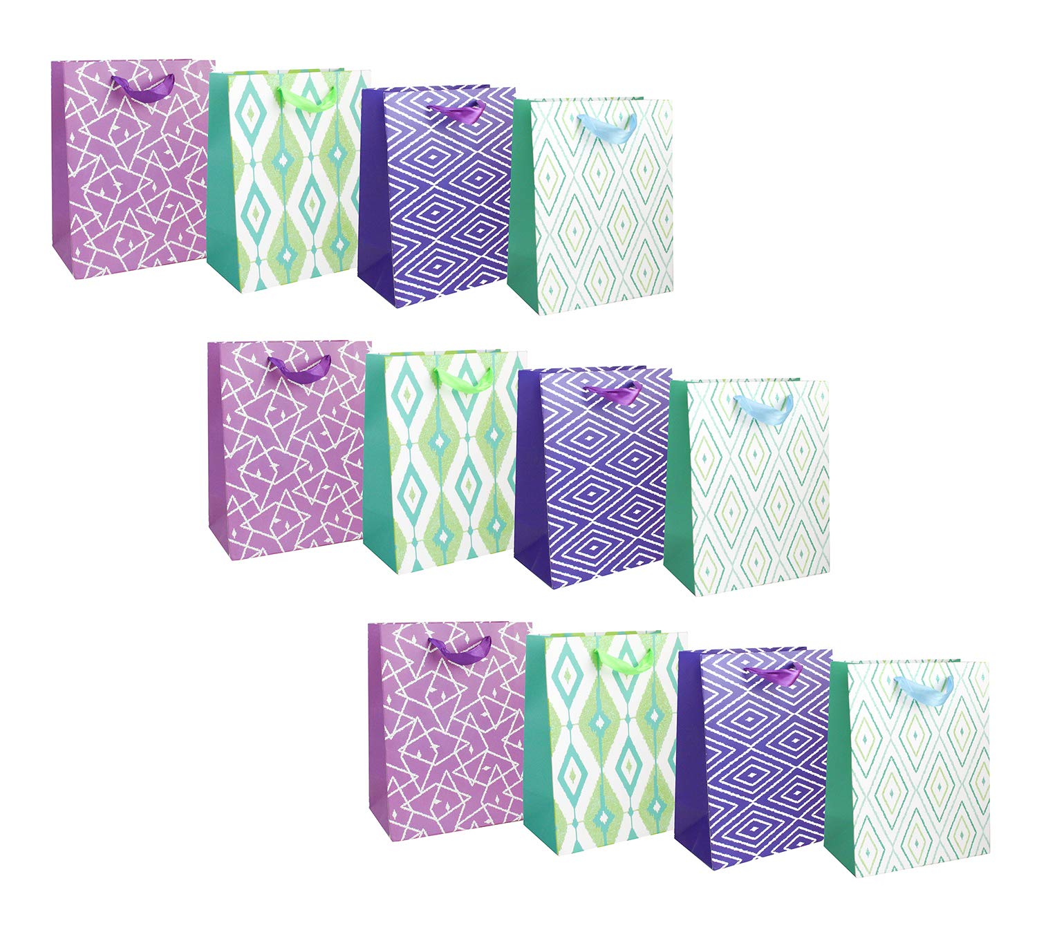 Emartbuy Luxury Gift Bag Strong Laminated Paper Mixed Colours (Set of 12 - Geometric Patterns)