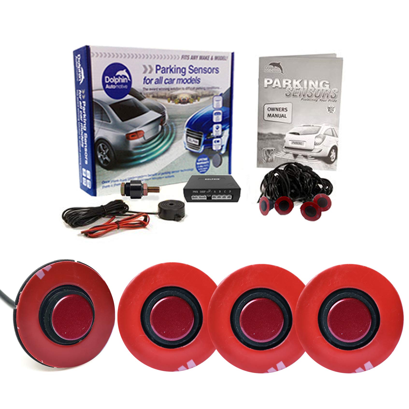 Dolphin Automotive DFM400 Reverse Parking Sensors Flush Mount OEM Style 4 Ultrasonic Radar Sensor Kit Audio Alert System - Maroon