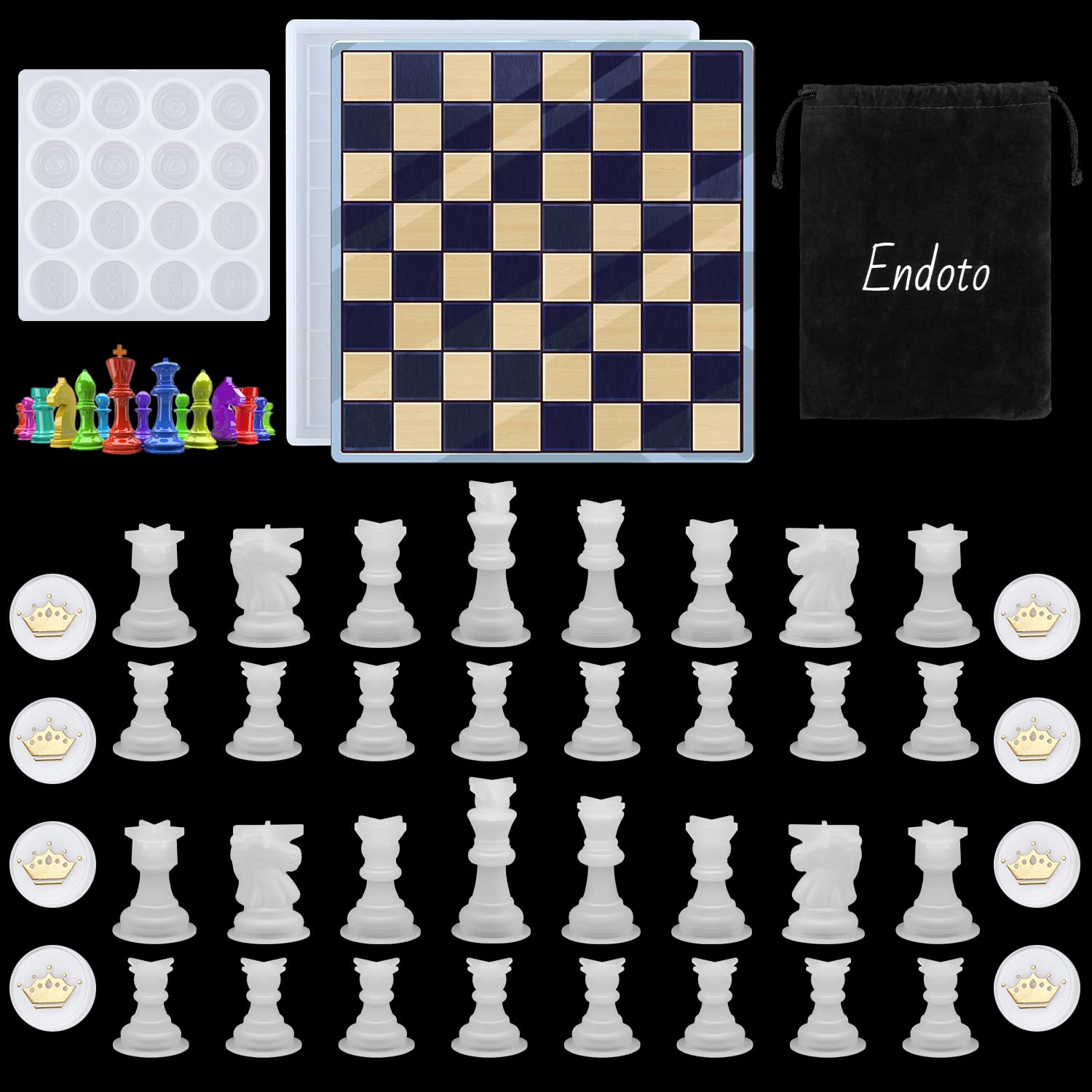 Photo 1 of Endoto Chess Set with Checkers Board Silicone Resin Mold, 16 Pieces Full Size 3D Chess Crystal Epoxy Casting Molds for DIY Art Crafts Making, Family Party Board Games and Home Decoration