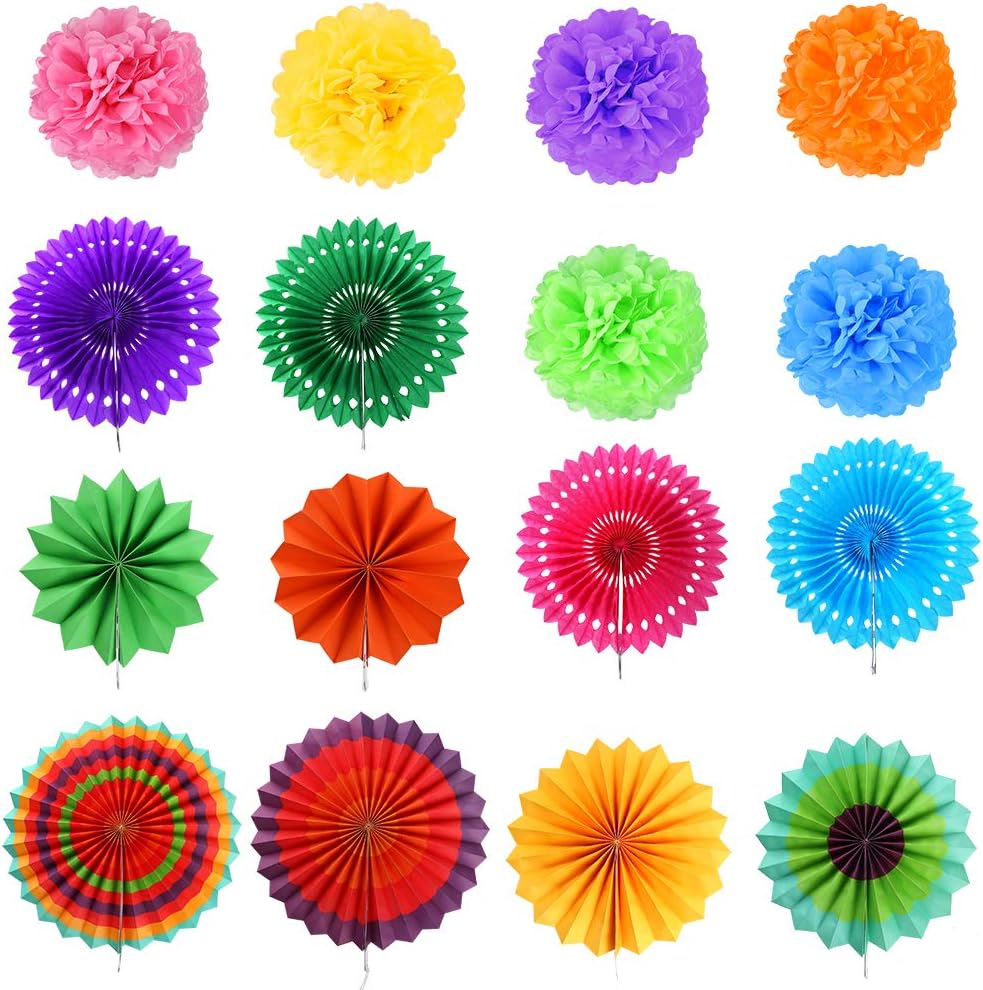 Auihiay 32 Pieces Fiesta Party Decoration Include Paper Fans, Tissue Paper Pom Poms, Circle Dot Garland and Tissue Paper Tassel for Birthday Parties, Wedding Décor, Taco Party or Mexican Party: Arts, Crafts & Sewing