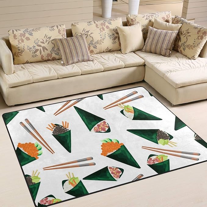 ALINLO Area Rug Japanese Food Sushi Chopsticks Pattern, Nonslip Carpet Floor Mats for Indoor