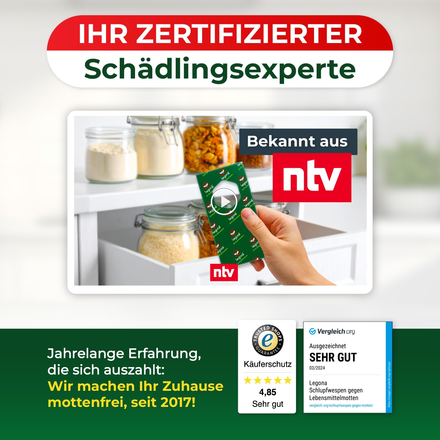 Legona Schlupfwespen gegen Lebensmittelmotten, 3 Lieferungen mit je 3 Trägern, 9 Wochen Vollbehandlung 8