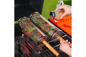 ZRSCHYG Upgraded Rolling Grill Basket - Heavy-Duty Stainless Steel Cylinder Design with Perforated Plate (Not Mesh) - 360° Rotating BBQ Grill Tube for Even Cooking - Perfect for Fish, Vegetables, Meat - Outdoor Camping & Grilling Accessories