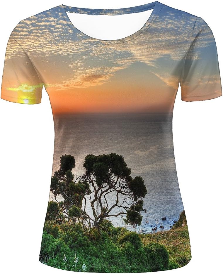 Men Casual 3D T-Shirt Printed Sunset Trees Lifelike sea Summer Tee