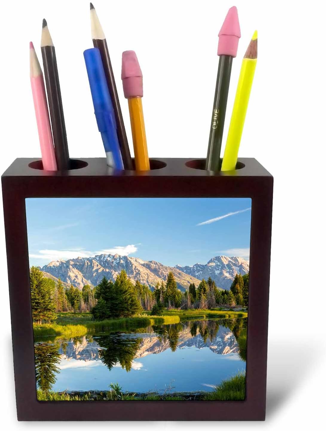 3dRose ph_231989_1 5-Inch "Pond/and Grand Tetons/Grand Teton National Park Wyoming USA" Tile Pen Holder, Black/White