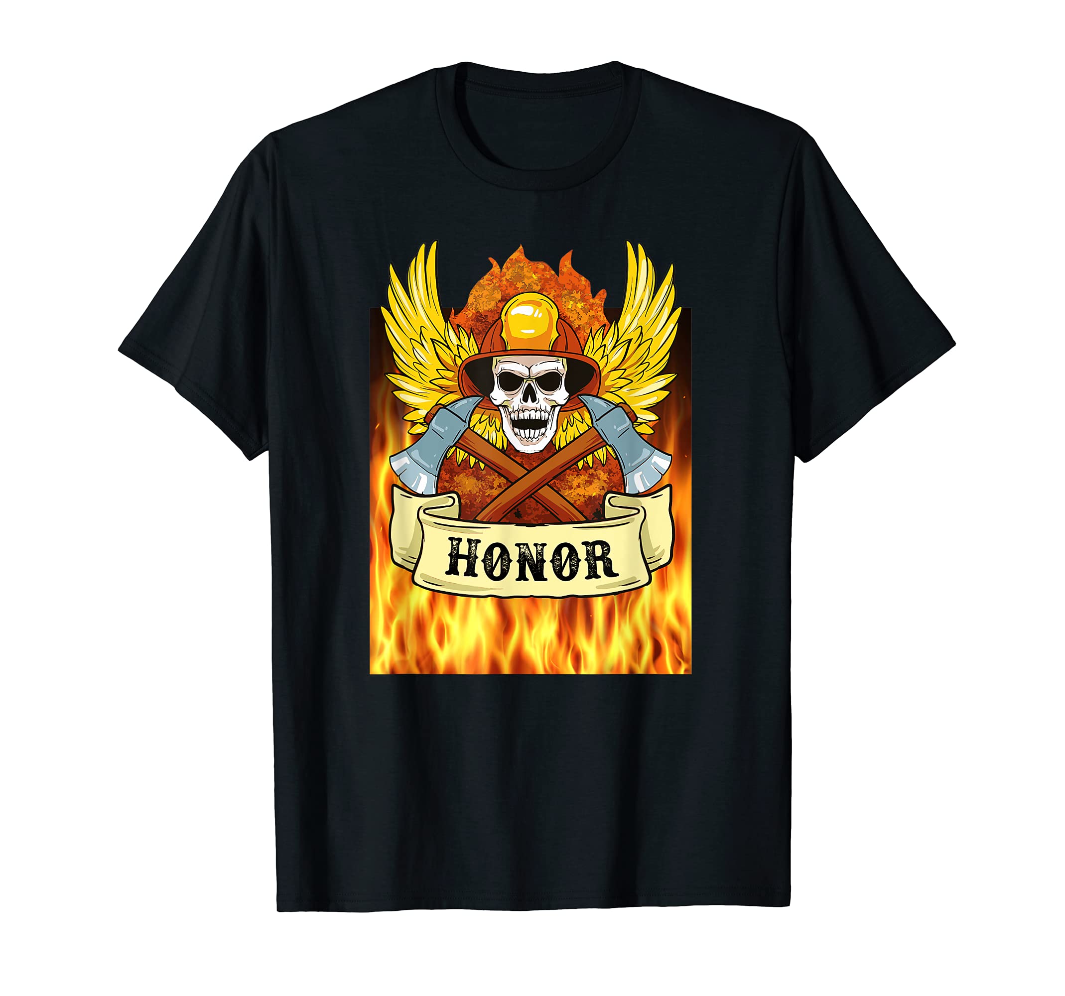Firefighter skull in the fire with axes and Honor banner T-Shirt