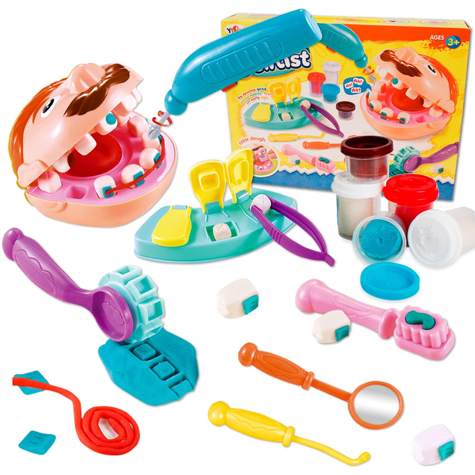 Crelloci Play Color Dough Sets Air Clay Toys Dentist Doctor Kits Tools Drill Fill Art Craft DIY Playsets, Dentist Dough Play Set for Kids Age 3 4 5 Years