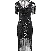 FAIRY COUPLE Women's 1920s Lace Neck Great Gatsby Dress Sequin Art Deco Flapper Dress with Sleeve D20S028