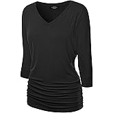 Made By Johnny Women's Casual Boat Neck and V-Neck 3/4 Sleeve Draped Dolman Top with Side Shirring Premium Shirt