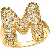 FindChic Initial Ring for Women, Gold Plated Chunky Letter Rings Open Adjustable Trendy Sparkling Cubic Zirconia Personalized Statement Rings Jewelry Gift