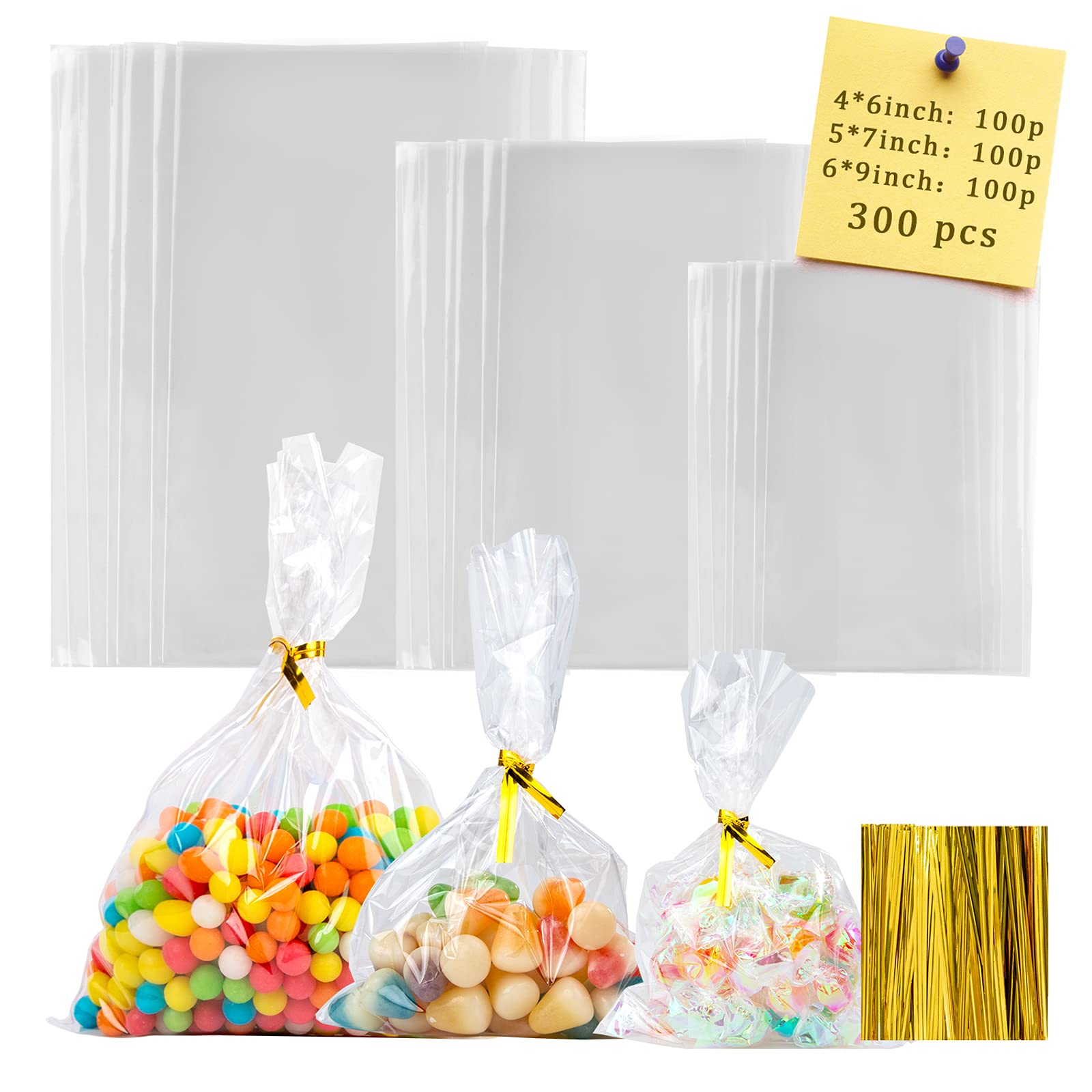 Photo 1 of Labeol 300pcs Cellophane Bags 6X9 5X7 4X6 Cellophane Treat Bags with Ties Goodie Bag Clear Gift Bag Candy Cookie Party Favor Wraps for Packaging