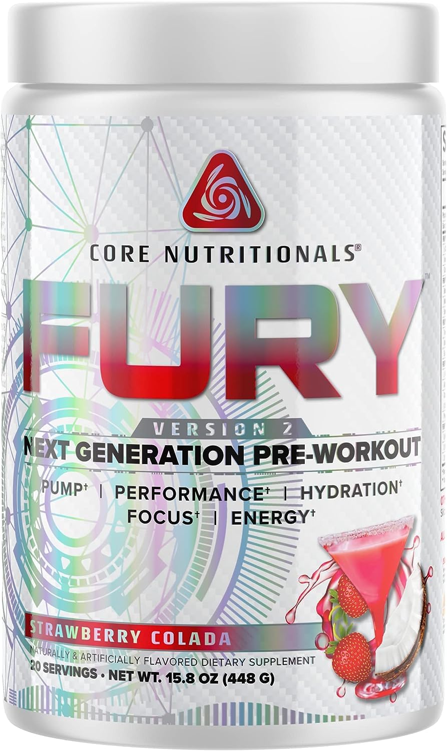 Core Nutritionals Fury V2: Pre-Workout Powder to Maximize Performance in The Gym W/Zum-XR® Caffeine, L-CItruline, and Alpha GPC (40 Scoops) (Strawberry Colada)