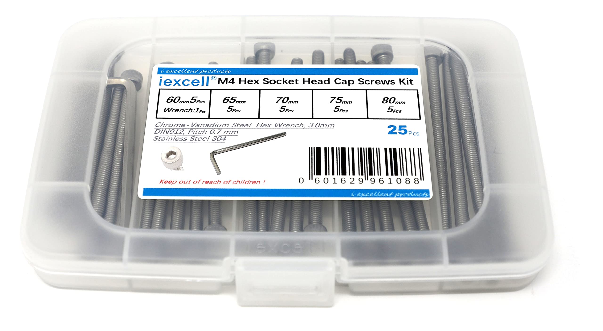 iexcell 25 Pcs Metric M4-0.7 x 60/65/70/75/80 Stainless Steel 304 Hex Socket Head Cap Screws Bolts Assortment Kit