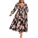 RITERA Plus Size Dresses for Curvy Women Square Neck Fall Long Sleeve Floral Smocked Maxi Dress with Pocket XL-5XL