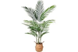 Ferrgoal Artificial Areca Palm Plants 4.6Ft Fake Dypsis Lutescens Tree with 15 Trunks in Pot and Woven Seagrass Belly Basket Tropical Faux Plant for Home Indoor Outdoor Office Modern Decor Green
