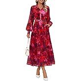 ZESICA Women's Spring Floral Long Sleeve Maxi Dresses 2026 Casual Button Belted Chiffon Boho Wedding Guest Party Dress