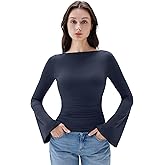 SUUKSESS Women Crew Neck Bell Sleeve Tops Double Lined Going Out Fitted Basic T Shirts