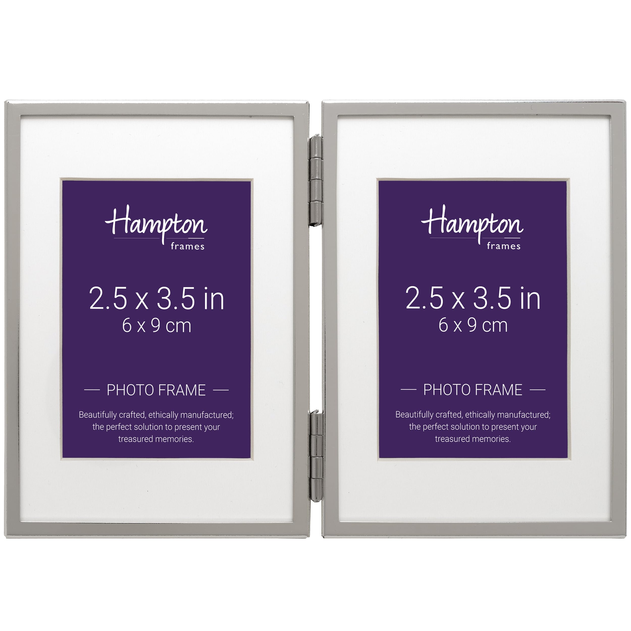 Hampton Frames | Mayfair Double Photo Frame BSN13832HD | 2.5x3.5in, Silver Plate, Hinged, 25mm Bevel Mount | Freestanding, Classic Design | Elegant Picture Display