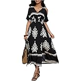 Verdusa Women's Summer Vacation Beach Dress Hawaiian Maxi Dresses Tropical Cold Shoulder Sundress