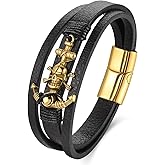 BIYONGDE Black Leather Gold Color Steel Bone Pirate Skull Marine Anchor Charm Bangle Bracelet