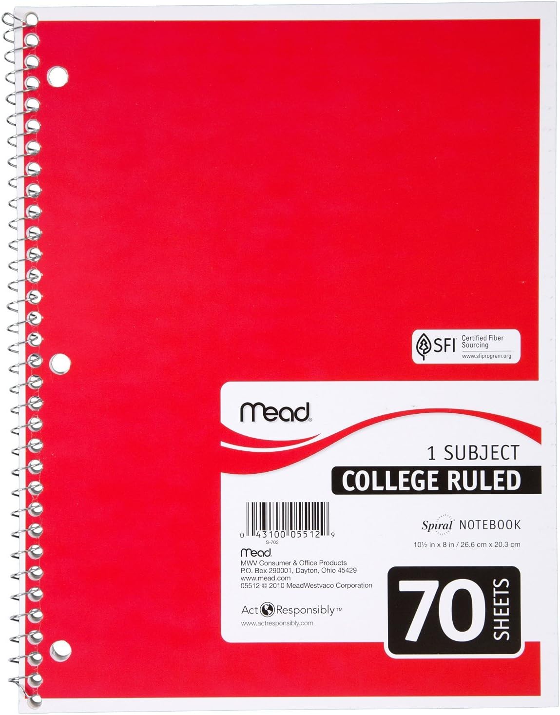Mead Spiral Notebooks, 1 Subject, College Ruled Paper, 70 Sheets, Colored Note Books, Lined Paper, Home School Supplies for College Students & K-12, 10 1/2" x 8”, Assorted Colors, 6 Pack (73065) : Office Products