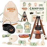 KOALA DIARY Kids Camping Toys Set - Pretend Play Camping Set with Food Toy, Spray Stove, Oil Lantern, Binoculars, Compass, Tableware, Watch & Storage Bag, Birthday for Ages 3+