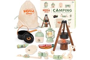 KOALA DIARY Kids Camping Toys Set - Pretend Play Camping Set with Food Toy, Spray Stove, Oil Lantern, Binoculars, Compass, Tableware, Watch & Storage Bag, Birthday for Ages 3+