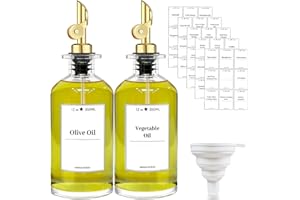 LUBISE Olive Oil Dispenser Bottle for Kitchen, Glass Cooking Oil and Vinegar Dispenser Set, Olive Oil Container, Coffee Syrup Dispenser with Metal Spout, Funnel & 45 Labels
