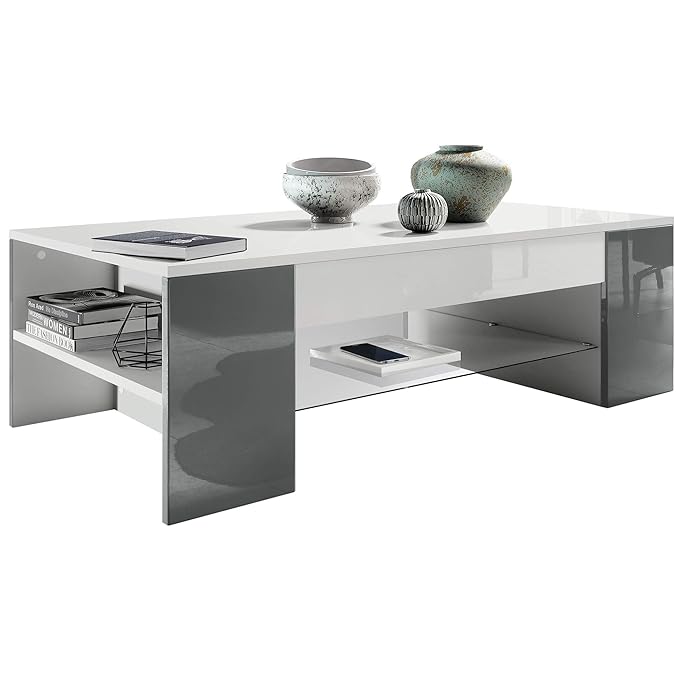 Couchtisch Beistelltisch Wohnzimmertisch Clip in Weiß mit Blenden in Grau Hochglanz
