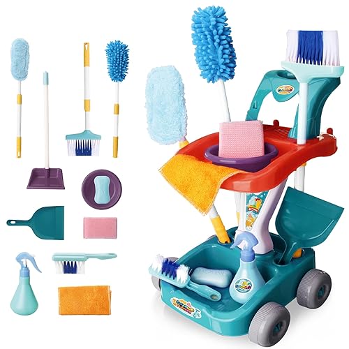 deAO Kids Cleaning Set 12 PCS Pretend Play Detachable Housekeeping Cart  with Broom,Dust Pan,Spray Bottle Children House Cleaning Tools Toys,Kids  Broom