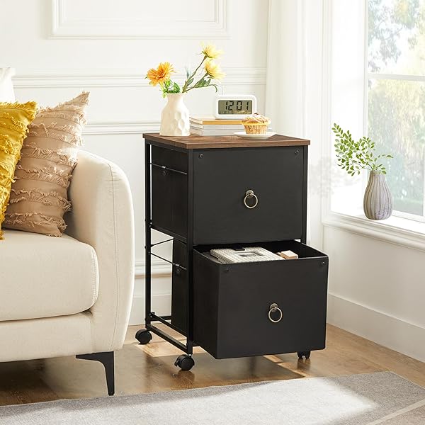 HOOBRO 2 DRAWER MOBILE FILE CABINET, ROLLING PRINTER STAND, VERTICAL FILING CABINET, OFFICE DRAWERS, FILING CART FOR HOME OFFICE, A4/LETTER SIZE, NONWOVENS DRAWER, BLACK AND RUSTIC BROWN BFK20WJ01