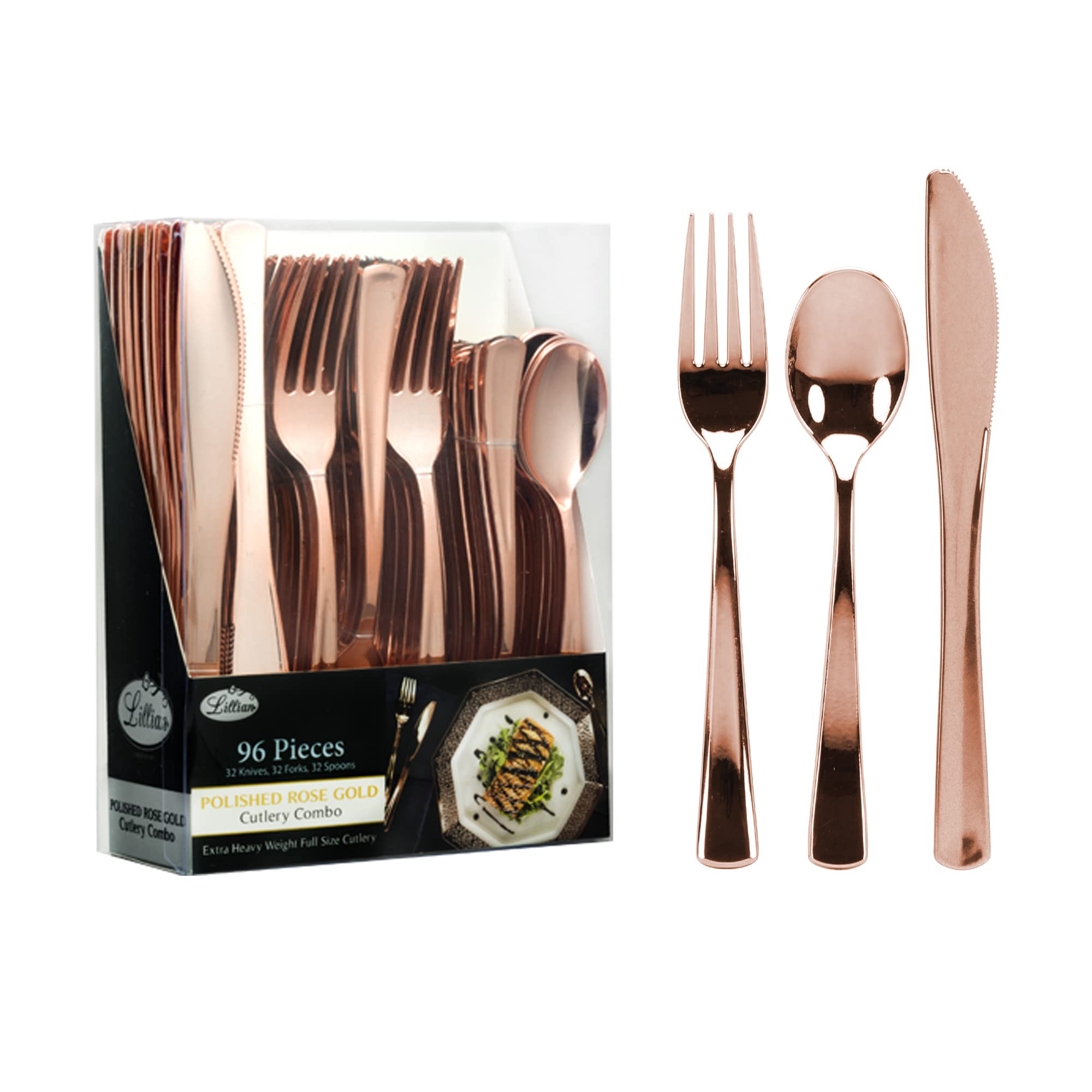 Plastic Cutlery Silverware Extra Heavyweight re-usable Flatware, Full Size Cutlery Combo, Rose Gold, Value Pack 96 Count