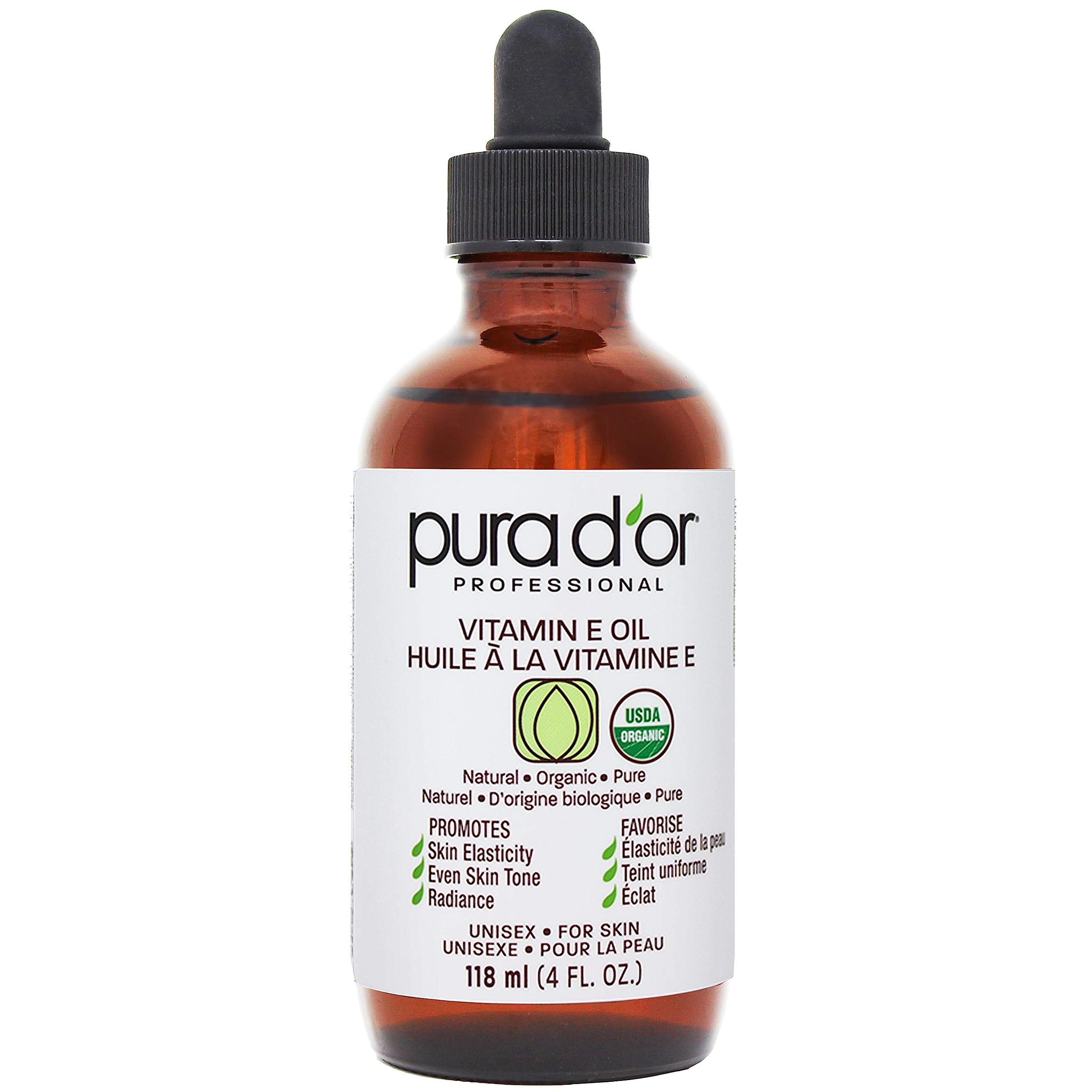PURA D'OR 4 Oz Organic Vitamin E Oil – USDA Certified Face, Body, Hair & Bath Oil with Argan, Jojoba, Rosehip, Apricot, Almond & Avocado – Lightweight Moisturizing Blend for Soft, Smooth Skin