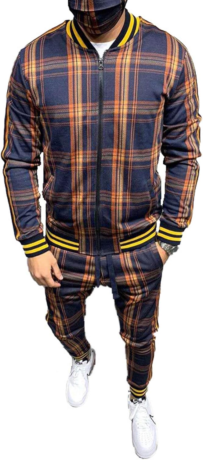 Men's Tracksuit Plaid Set Two Piece Sportswear, Fall Casual Tracksuit