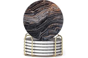 DKSYEE 6 Pcs Black Ceramic Stone Modern Coasters with Holder Best Absorbent Drink Coasters Round Ceramic Table Coasters Set Best Coffee Table Ceramic Coaster Set