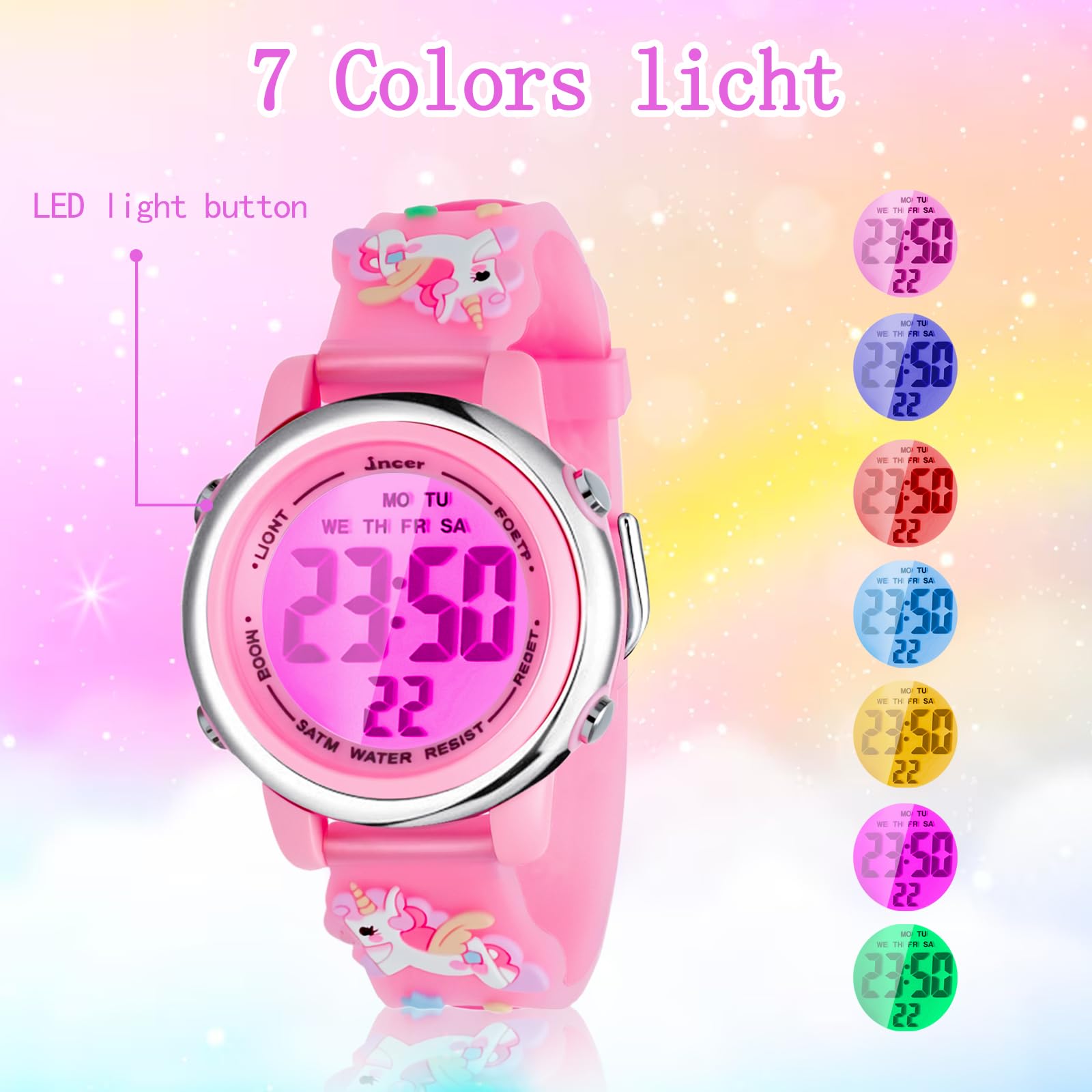 NEWITIN 4 Pieces Girls Watch Bracelets Set Multifunctional 7 Color Lights Digital Sport Alarm Stopwatch 3D Waterproof Unicorn Watch Jewelry Set for Girls 3-10 Years Old Kids