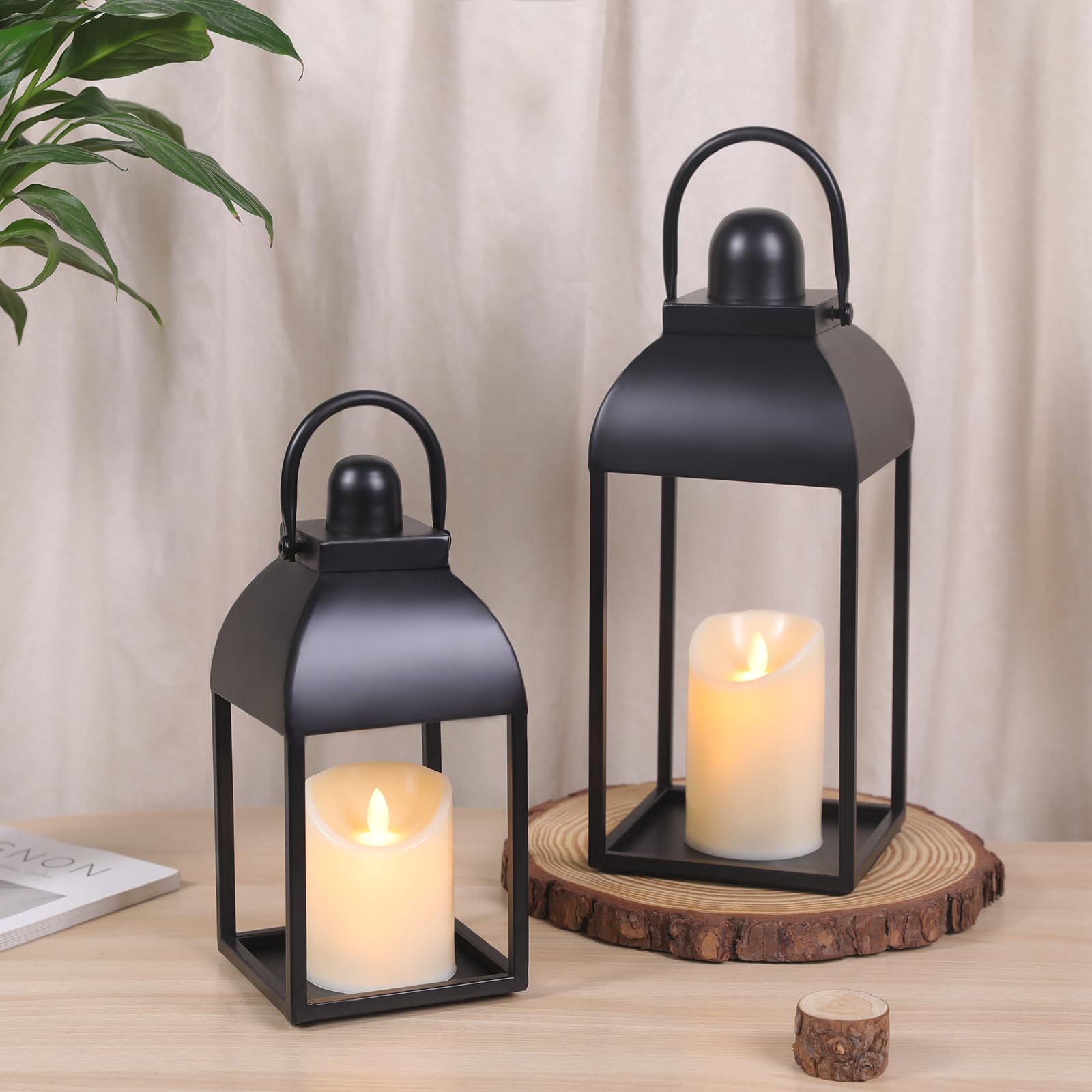 Photo 1 of MATAHUM Lanterns Decorative Indoor Outdoor 15" 11" Set of 2 Lantern Decor Black Metal Candle Lanterns with Flameless Candles, Outdoor Lanterns for Porch Patio Wedding Mantle Home Decor
