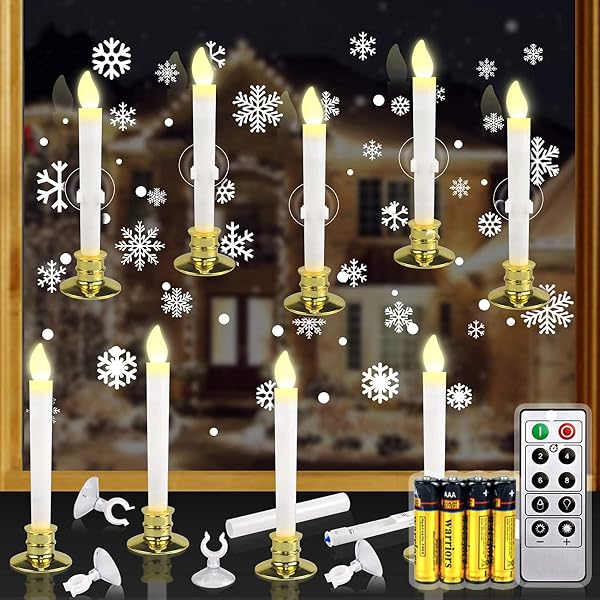 KITHOUSE 10 SET CHRISTMAS WINDOW CANDLES LIGHTS WITH TIMER BATTERY OPERATED ELECTRIC LED TAPER CANDLES FLAMELESS FOR WINDOWS, GOLD CANDLE HOLDERS, SUCTION CUPS & 20 PCS BATTERY INCLUDED (10 SET)