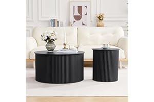 RUSTYER Fluted Round Nesting Coffee Table Set of 2, Mid Century Modern Wood Coffee Table and End Table Set, Minimalist Center Tables Circle Side Table for Living Room, Office(Black