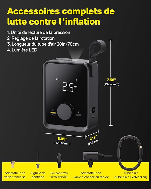 Gonfleur pneus pro 120PSI 12V DC 7500mAh, compresseur air portable LED