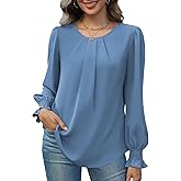 Funlingo Womens Tops Dressy Casual Smocked Long Sleeve Shirts Crew Neck Loose Chiffon Tunics Office Work Blouses