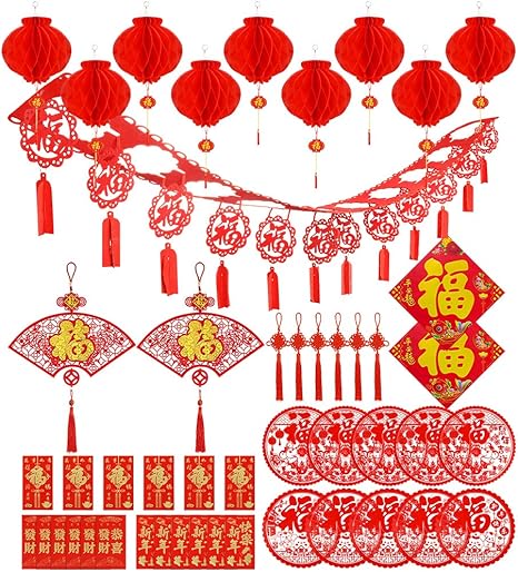 Auihiay 49 Stuks Chinees Nieuwjaar Decoratie Voor 2020 Lente Festival Inclusief Rode Enveloppen Chinese Rode Lantaarns Chinese Knoop Fu Karakter Muurstickers Decoraties En Papier Knippen Amazon Nl