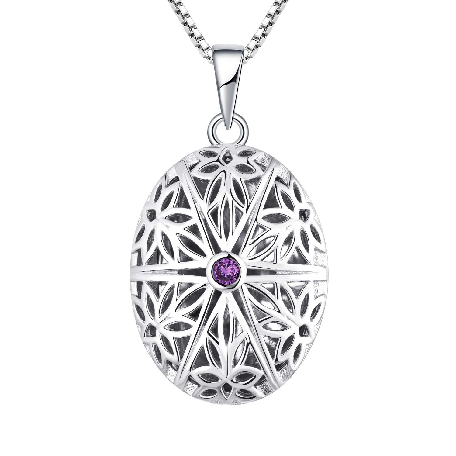 FJ Oval Photo Locket Necklace 925 Sterling Silver Personalised Picture Memory Locket Pendant Necklace Amethyst Vintage Jewellery Gifts for Women Ladies Girls