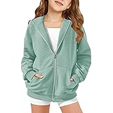 Haloumoning Girls Zip Up Hoodie Kids Fashion Oversized Textured Sweatshirt Jacket with Pockets 5-14 Years