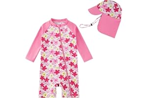 upandfast UPF 50+ Recyclable Baby Swimwear with Adjustable Sun Hat Girls Full-Zip Swimsuit for Beach & Pool 3-36 Months