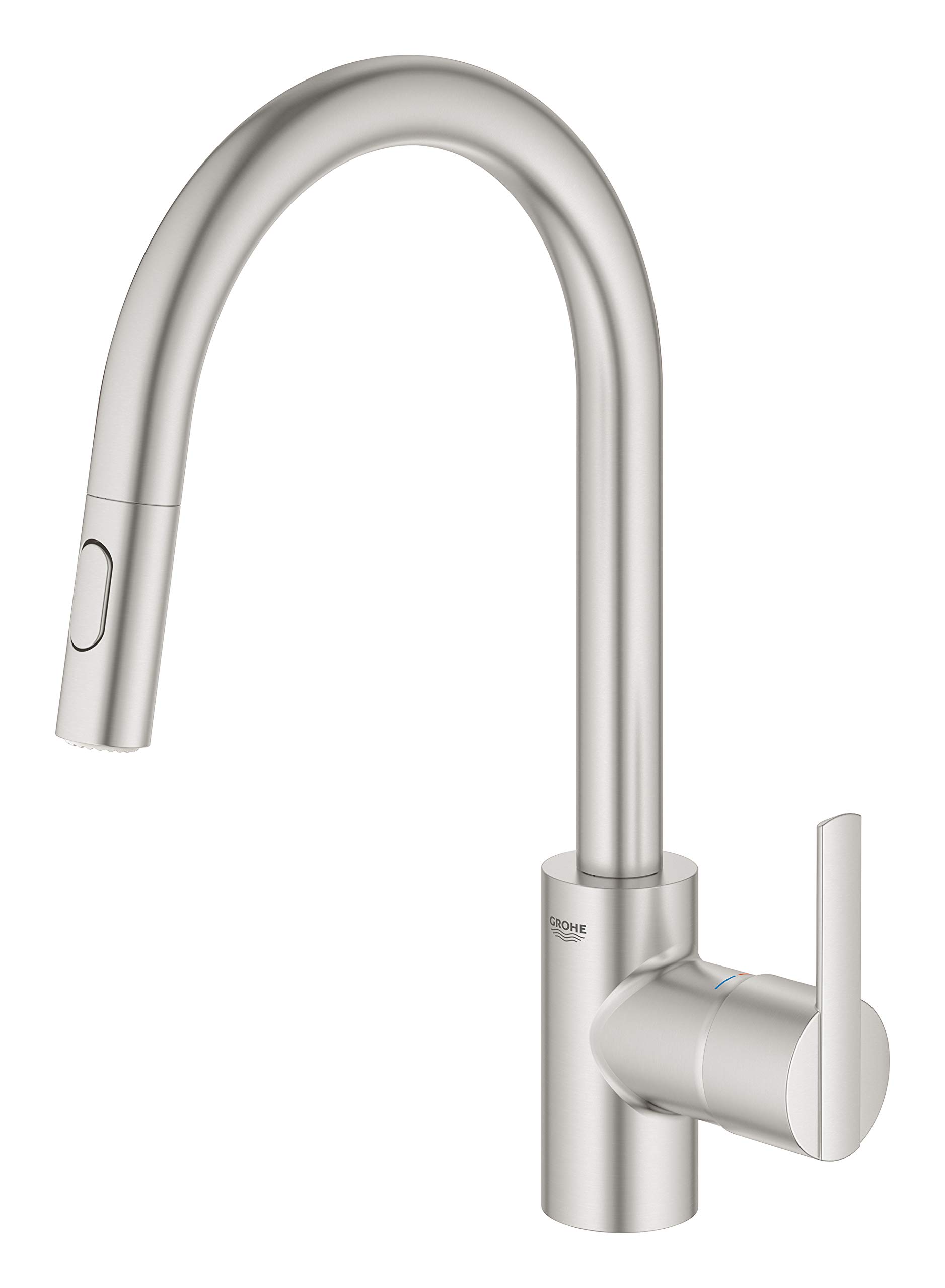 GROHE Feel - Kitchen Sink Tap Mixer with Pull-Out Dual Spray (High Spout, 360° Swivel Range, 35 mm Ceramic Cartridge, Tails 3/8 Inch, Easy to Install), Size 381 mm, Supersteel, 31486DC1